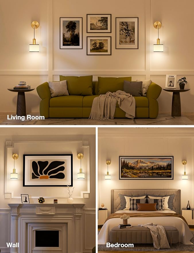 Battery Operated Wall Sconce Set of 2, Black Gold & Off-White Wireless Rechargeable Wall Lights with 5200mAh Dimmable Detachable Bulbs and Remote, 9 Colors Sconces Wall Decor for Living Room
