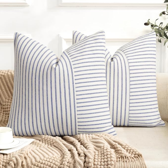YCOLL Farmhouse Pillow Covers 16x16, Modern Accent Square Throw Pillow Covers Set of 2, Blue and Beige Striped Patchwork Linen Decorative Pillows Cushion Covers for Couch Chair Bedroom Home Decor