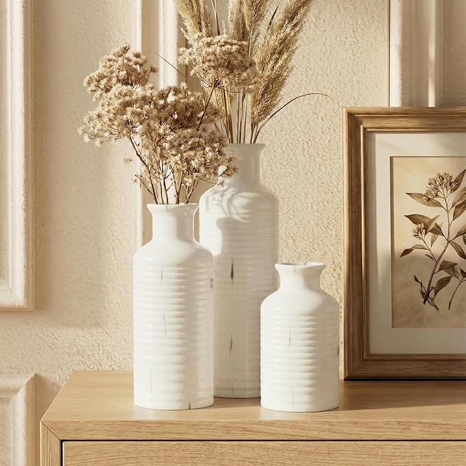 Firehold Crackle Glaze Ceramic Vase Set of 3, Decorative Flower Vases | Rustic Farmhouse & Boho Home Decor for Tables, Shelves & Mantels, Waterproof for Fresh & Dried Florals