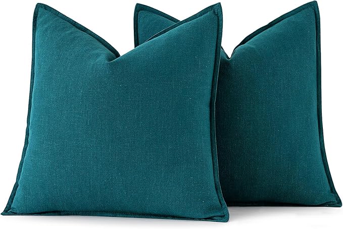 MIULEE Decorative Linen Pillow Covers 18x18 Inch Teal Blue | Boho Farmhouse Neutral Couch Throw Pillows for Bed, Pack of 2 Accent Modern Pillowcases, Sofa Livingroom Home Decor
