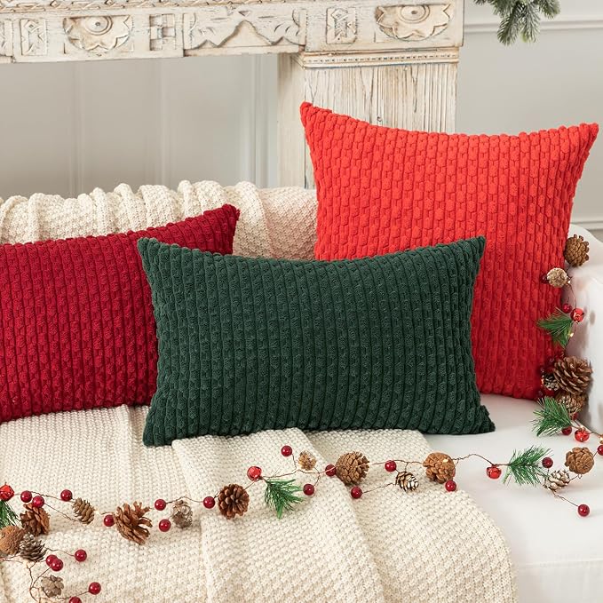 Kevin Textile Soft Corduroy 12"x20" Lumbar Pillow Cover 1 Pack, Army Green | Boho Stripe Plush Corduroy Decorative Oblong Cushion Cover Modern Farmhouse Home Decor for Sofa Couch Bed Chair