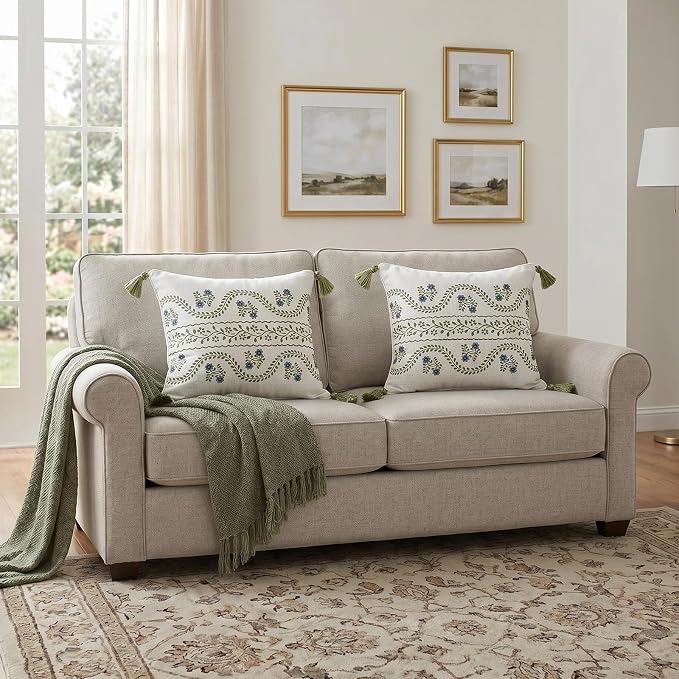 Designer Linen Throw Pillow Cover,Set of 2,18"x18"-Mosella D | Vintage Elegant Square Decor Pillow Cover,Concealed Zipper Design,Floral Pattern,Sofa,Bedroom,Living Room,Lounge Chairs
