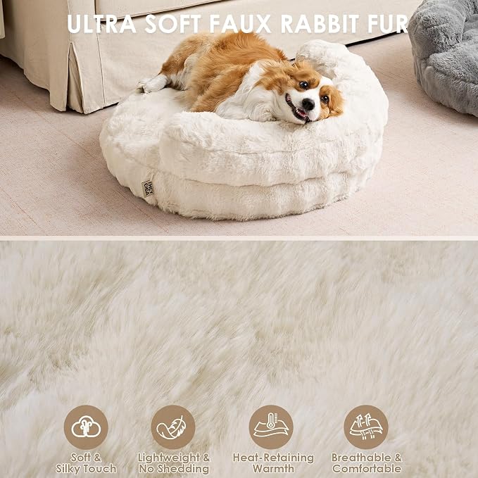 EHEYCIGA Soft Cat Couch Bed for Indoor Cats, Fluffy Small Dog Bed with Removable Washable Cover, Bolster Pet Sofa, Waterproof and Non-Slip, 24" x 24"x 7", Cream