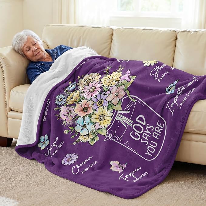 Christian Birthday Gifts for Women, Christmas Religious Gifts for Women | Baptism Religious Christmas Spiritual Gifts for Grandma Nana Mom Sister, Throw Blankets with Flowers, 60''x 50'', Deep Purple