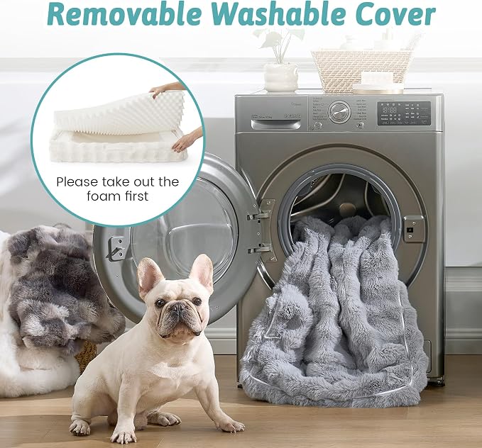 COZY KISS Faux Fur Orthopedic Dog Bed Washable for Extra Large Dogs, XXL | Soft Warm Pet Sofa with Sides or Bolster, Non-Slip and Big Dog Couch with Removable Waterproof Cover, 48x35 inch, Beige