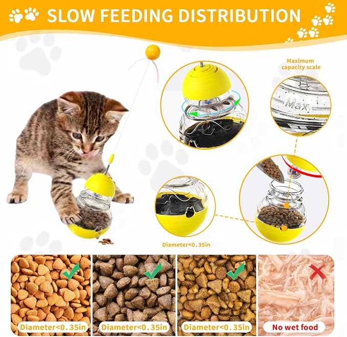 Interactive Wobble Cat Toy Slow Food Treat Dispenser for Cat, Yellow
