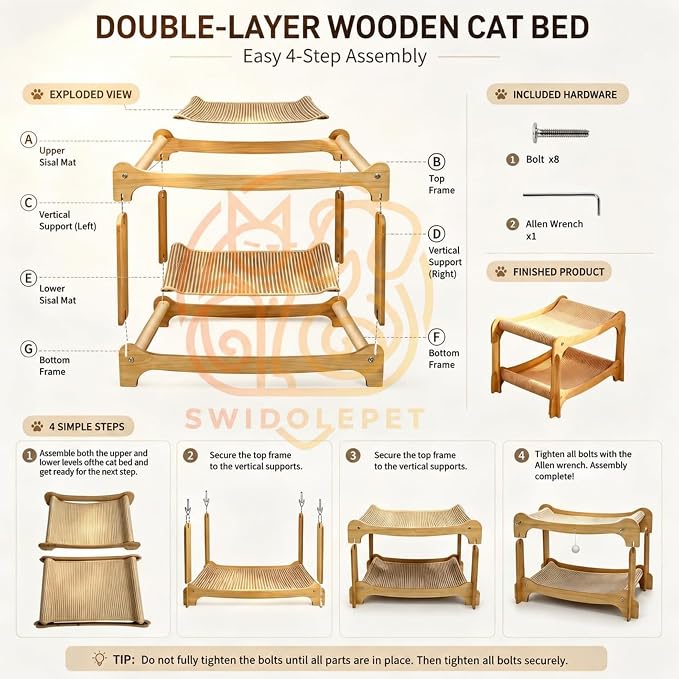 Two Level Sisal Cat Scratcher Bed | Natural Sisal Scratcher, Double Plush Perches, Non-Slip, Tool-Free Assembly for Indoor Apartment Cats Furniture Protection