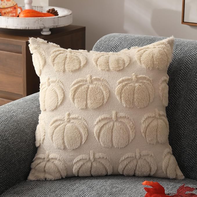 DFXSZ Fall Pillow Covers 18x18 2Pcs Beige Pumpkin Fall Decorations for Home | Fall decor Set of 2 Throw Pillow Cases Soft Plush Faux Fur Wool Couch Cushion for Chair Sofa Bedroom Living Room Home Decor