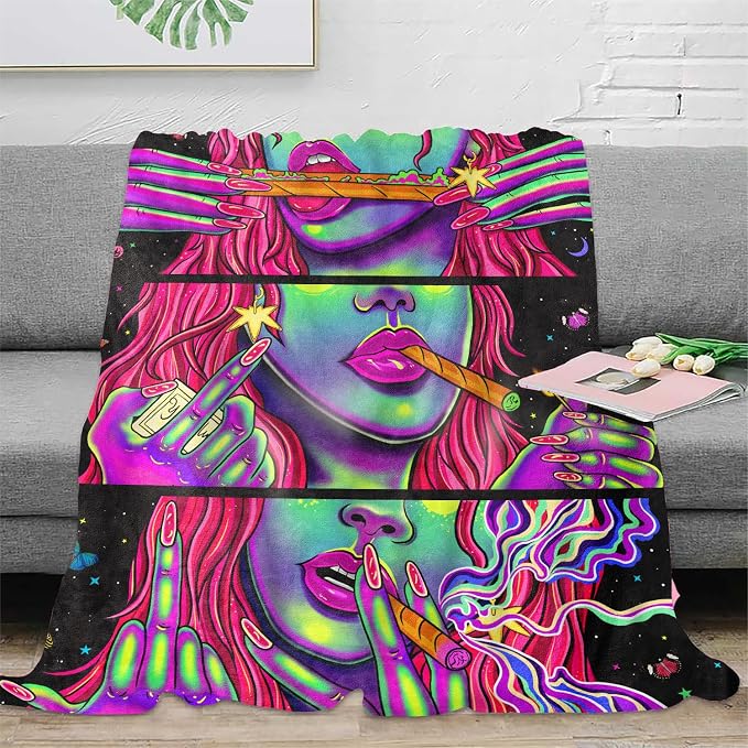 Blacklight Soft Trippy Throw Blanket - 51x59 Inch, Hippie Room Decor Marijuana Cannabis Weed Accessories