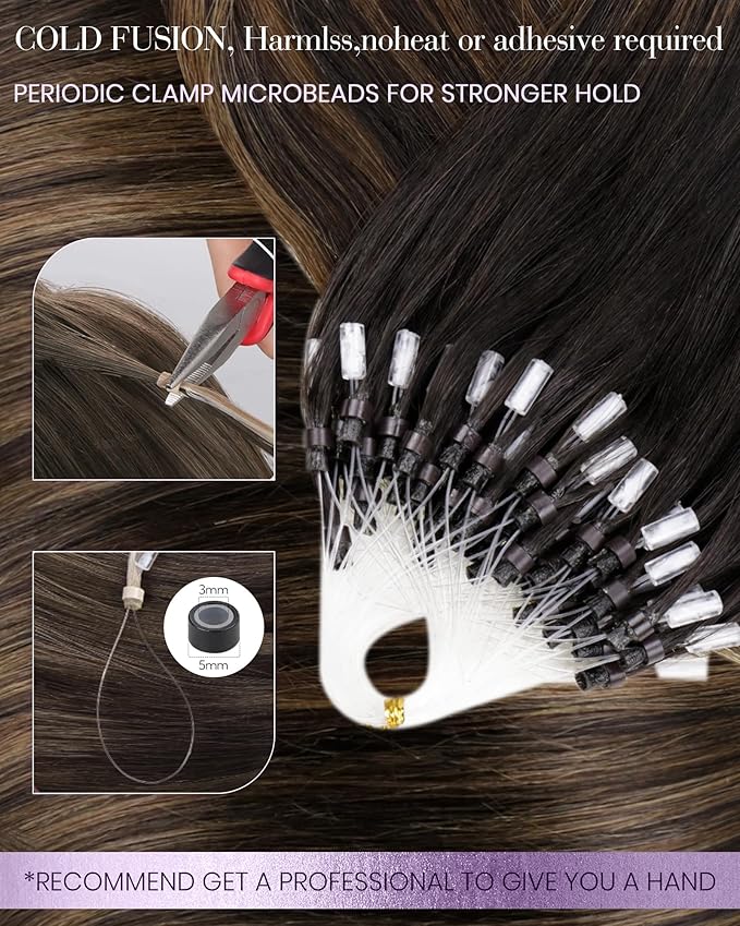 LaaVoo Microlink Hair Extensions Human Hair Darkest Brown Mix Light Brown Balayage Ombre Micro Hair Extensions Human Hair Brown 50g 50s 24 in