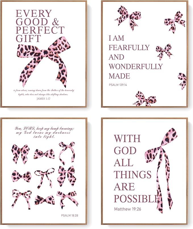 LARTSFRO Coquette Pink Leopard Bow Wall Art Decor Posters, Y2K Cheetah Leopard Bow Room Bedroom Bathroom Dorm Wall Art Decor Aesthetic for College Teen Girls Gifts, Inspirational Bible Verses Bow Wall Decor, 10x8 Inch Set of 4 Pcs Cheetah Bow Pictures ...