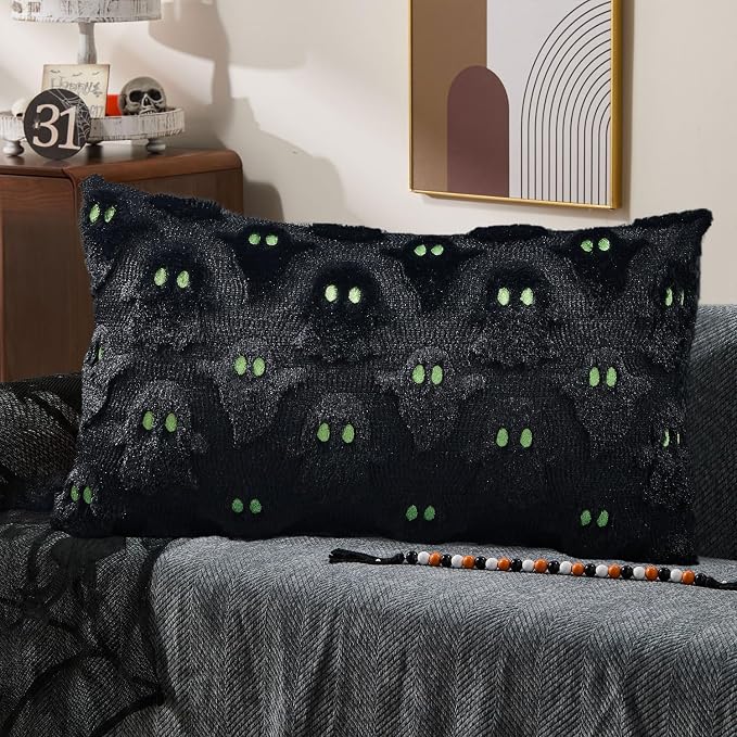 DFXSZ Halloween Pillow Covers 12x20 inch 2Pcs Black Ghost Halloween Decor | Halloween Decorations Set of 2 Throw Pillow Cases Plush Faux Fur Wool Cushion for Chair Sofa Bedroom Living Room Home Decor