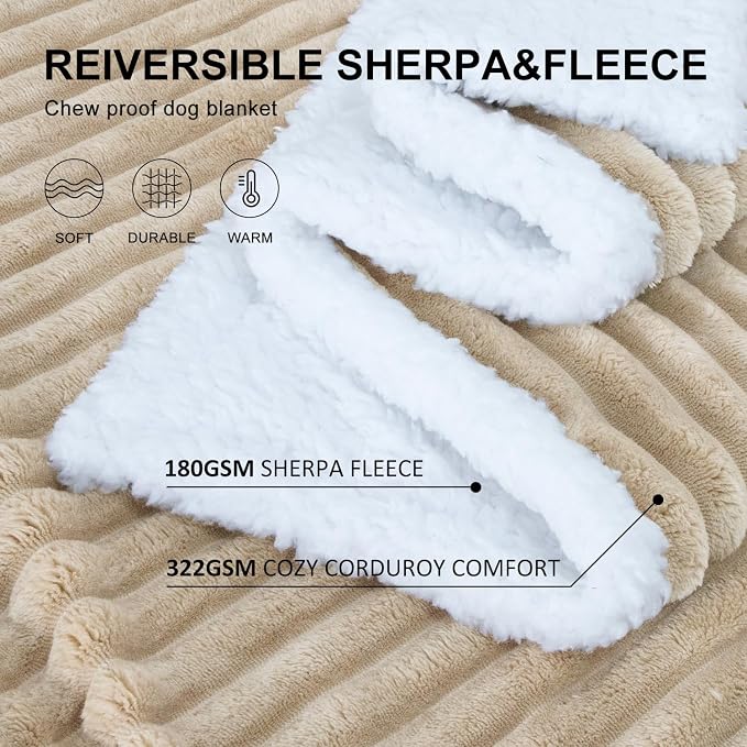 Waterproof Dog Blanket Brown 50x60 in | Soft Pet Cat Blanket Cozy Calming Sherpa Corduroy Fleece Reversible Furniture Bed Protector Small Dogs Machine Washable