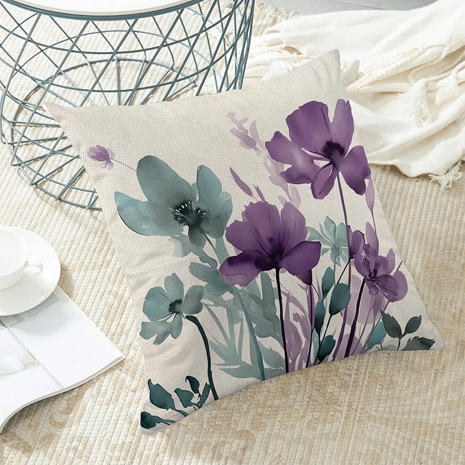 Spring Floral Pillow Covers 18x18 Inches Set of 2 Blue Purple Floral Throw Pillow Cover Outdoor Rustic Summer Flower Decoration Pillowcase Farmhouse Decorative Cushion Cover For Home Sofa Couch