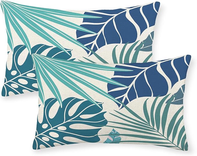 Tropical Pillow Covers 12x20 Set of 2 Navy Blue Aqua Teal Monstera Palm Leaf Pillowcase Summer Decorations Tropical Outdoor Throw Pillows Linen Decor Botanical Plant Cushion Case for Home Bed