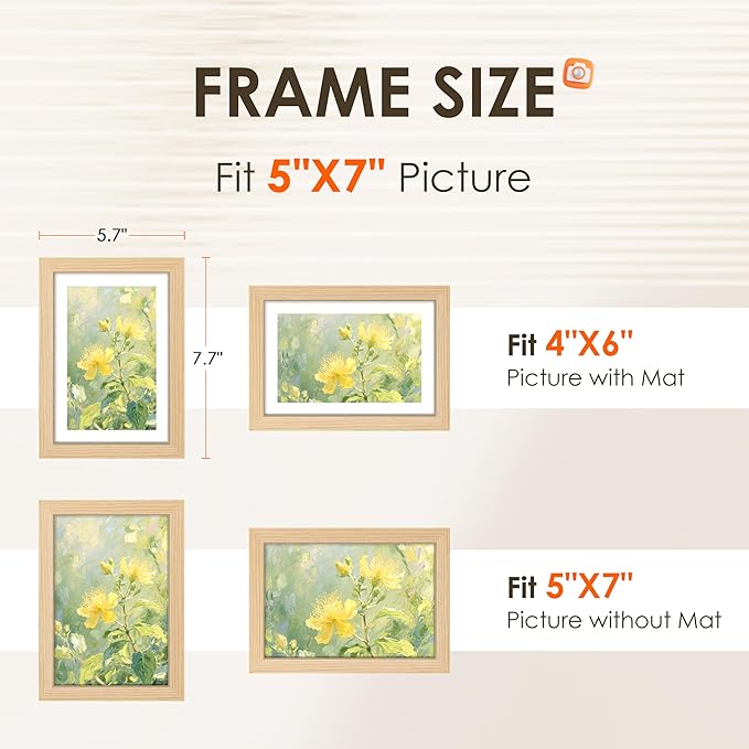 5x7 Picture Frame Set of 2, Photo Frame with HD Plexiglass, Display Pictures 4x6 with Mat or 5x7 Without Mat Multi Picture Frames Collage for Tabletop or Wall Display, Natural