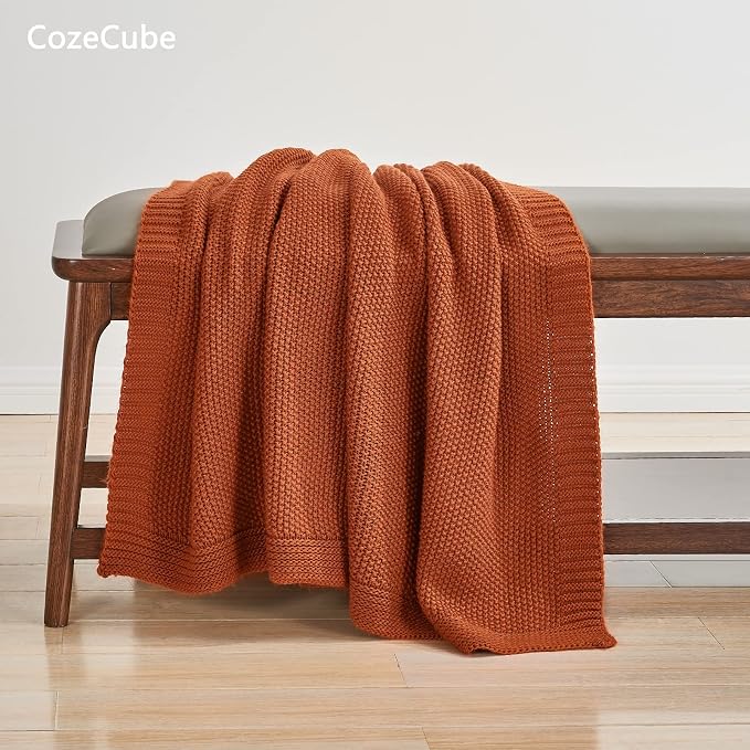 CozeCube Burnt Orange Seed Stitch Throw Blanket 60"x80", Farmhouse Decor | Blanket for Couch, Soft Cozy Cable Knit Throw for Bed Sofa Living Room, Lightweight Warm Decorative Christmas Blanket