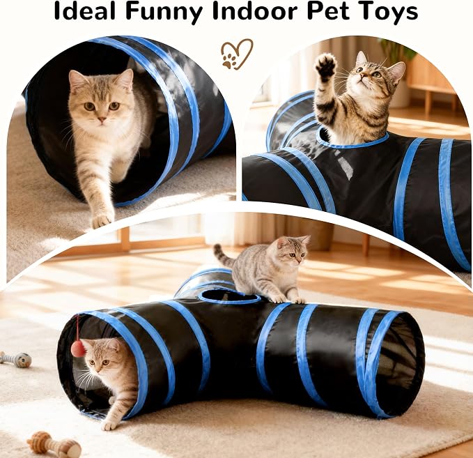 Tempcore Cat Tunnel, 3-Way Collapsible Toy, Large Size Black & Royal Blue