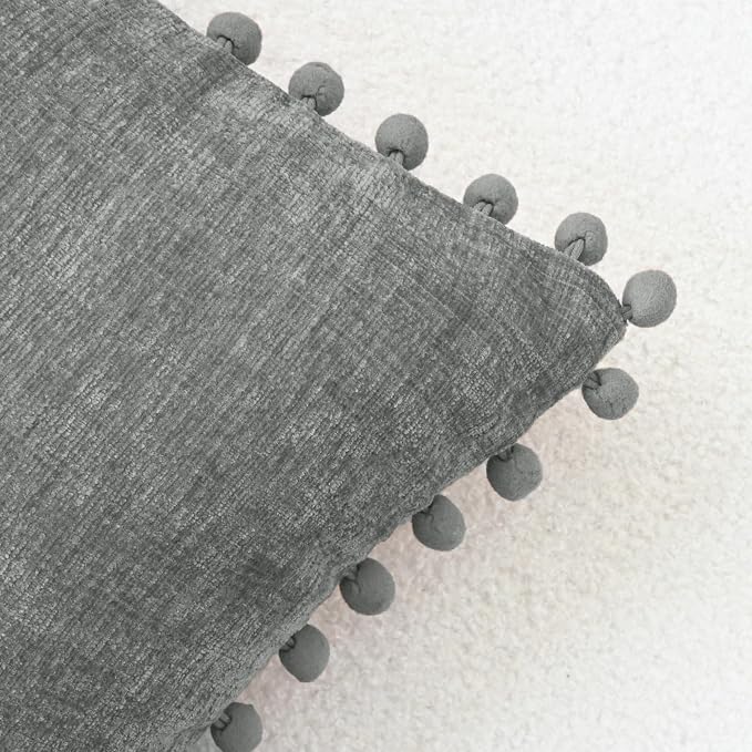 CaliTime Decorative Couch Throw Pillow Covers 20 X 20 Inches Medium Grey | Pack of 2, Cozy Chenille Cushion Cases, with Pom Poms for Sofa Bed Living Room Farmhouse Home