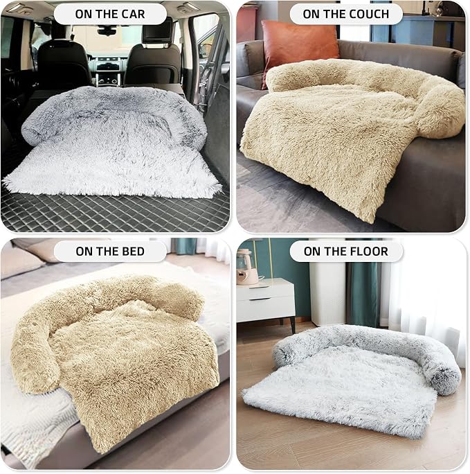 Calming Dog Bed Fluffy Plush Dog Mat for Furniture Protector with Removable Washable Cover for Large Medium Small Dogs and Cats (Medium, Beige)