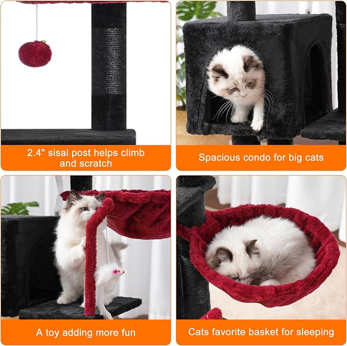 Heybly Cat Tree with Toy, 43.3 inch Cat Tower for Indoor Cats HCT004SBR | Cat Condo with Durable Sisal Scratching Posts, Cat House with Padded Plush Perch, Cozy Hammock, Black and Red