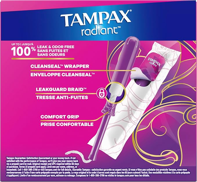 Tampax Radiant Tampons Multipack, with LeakGuard Braid, Light/Regular Absorbency, Unscented, 26 Count, Packaging May Vary (Pack of 6)