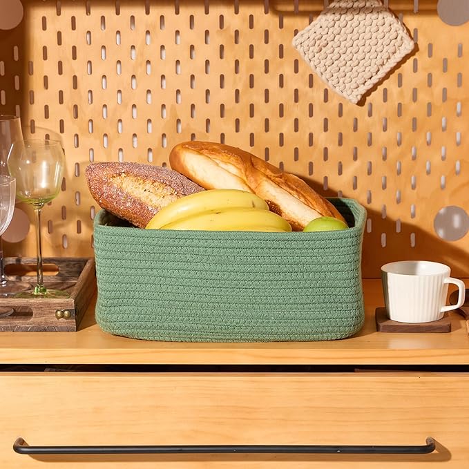 MiniArk Small Storage Baskets for Organizing | Closet Organizer Bins | Shelf Toy Basket | Woven Rope Baskets | Cube Decorative Box | Shallow Basket | 13x8.5x5.1” | 4 Packs Green