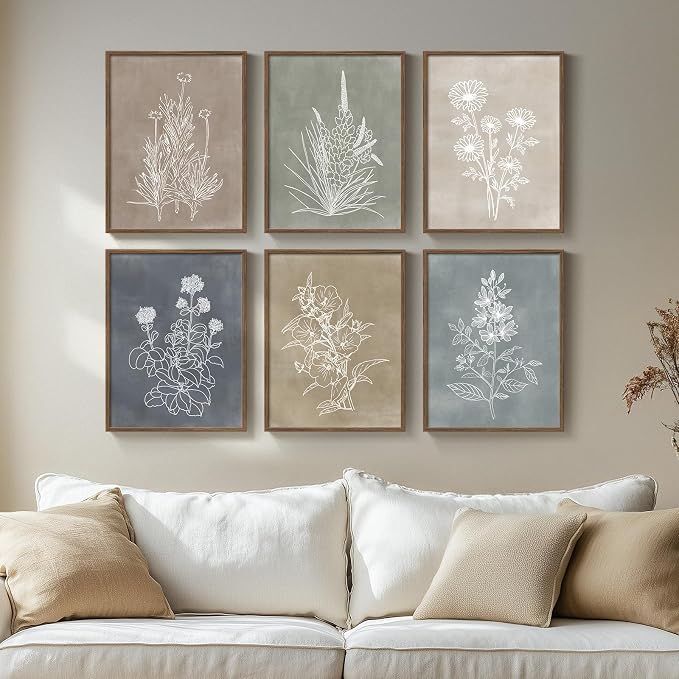 Framed Boho Botanical Wall Art for Living Room, 6 Piece Modern Farmhouse Neutral Floral Canvas Painting Prints, Minimalist Vintage Flower Plants Line Artwork for Bedroom Hallway Wall Decor, 11x14 In