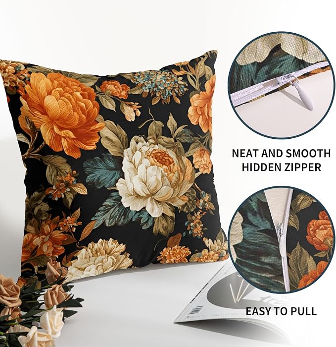 Black Boho Floral Pillow Covers 22X22 Inch Set of 2 Vintage Orange Beige Botanical Flowers Decorative Pillow Cases Mid Century Modern Bohemian Cushion Case Farmhouse Home Decor for Sofa Couch