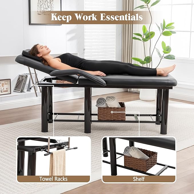 Professional Massage Bed Stationary Adjustable Massage Table Spa Bed 73" x27.5” Physical Therapy Table with Memory Foam Salon Bed w/Removable Headrest (Black with Armrest)