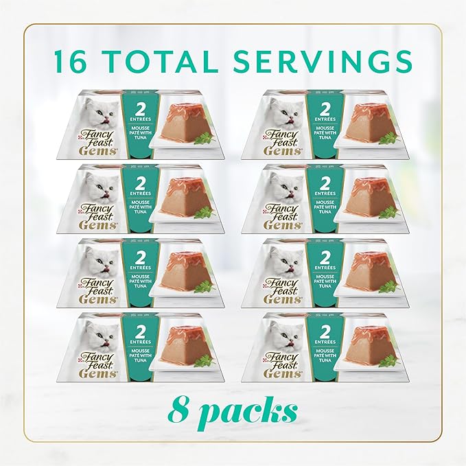 Purina Fancy Feast Gems Tuna Pate Wet Cat Food Variety Box, 4 oz, 8-Pack | 16 single servings, mousse pate with savory gravy, made with no artificial preservatives, 100 percent complete and balanced