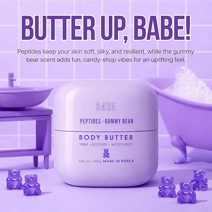 Peptides Body Butter With Gummy Bear – Dermatologist Tested, Anti-Aging Korean Skin Care – Deep Skin Hydration For A Smooth Dewy Glow – Vegan, Clean Beauty – 7.05 Oz