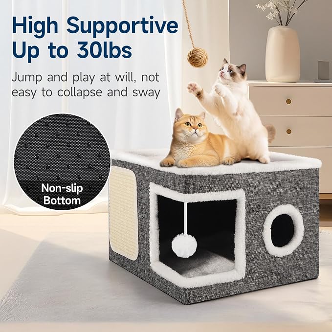 Shikha Cat House Bed for Indoor Cats with Fluffy Ball and Scratch Pad Grey | Foldable Large Cat Cave Hideaway with Cozy Condo, Hide and Seek Window, Holds Up to 30LBS, All Season Reversible Cushion