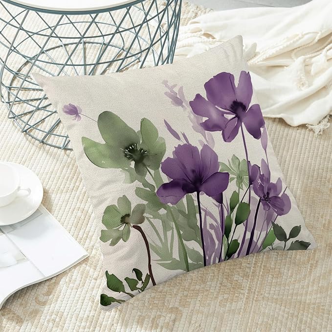 Spring Floral Pillow Covers 20x20 Inches Set of 2 Sage Green Purple Floral Throw Pillow Covers Outdoor Summer Flower Decoration Pillowcase Farmhouse Decorative Cushion Cover for Home Couch