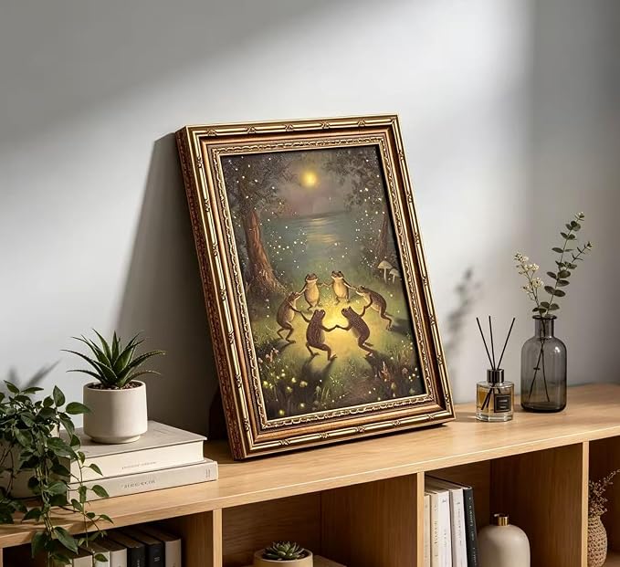 Vintage Gold Framed Frog Wall Art,Frogs Dancing in Moonlight Forest Painting Canvas Prints,Whimsical Animal Wall Decor,Retro Country Toad Poster Artwork,for Corridor Living room Bedroom Kitchen