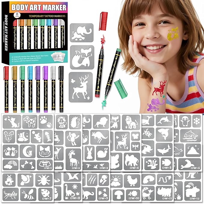 Temporary Tattoo Markers for Skin, 8 Temporary Tattoo Markers + 142 Cartoon Tattoo Stencils for Kids Teens, Flexible Brush Tip & Bright Colors Body Marker and Fake Tattoo Stencil Set for Party Favor