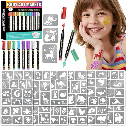 Temporary Tattoo Markers for Skin, 8 Temporary Tattoo Markers + 142 Cartoon Tattoo Stencils for Kids Teens, Flexible Brush Tip & Bright Colors Body Marker and Fake Tattoo Stencil Set for Party Favor