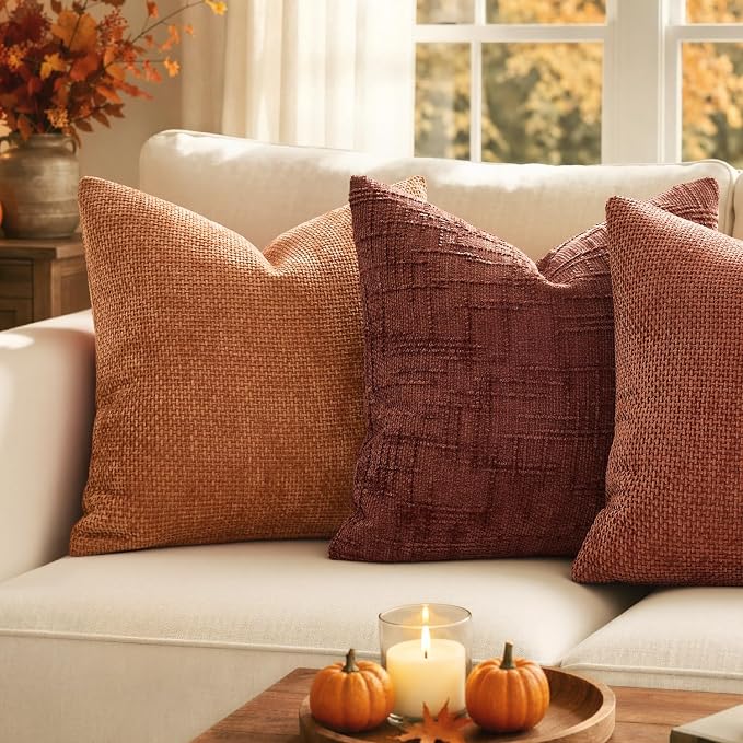 MIULEE Chenille Textured Fall Throw Pillow Covers Rust 20x20 Set of 2 | Slubby Decorative Pillows, Boho Farmhouse Rustic Home Decor, Modern Neutral Cushion Covers for Couch Sofa Bed Living Room