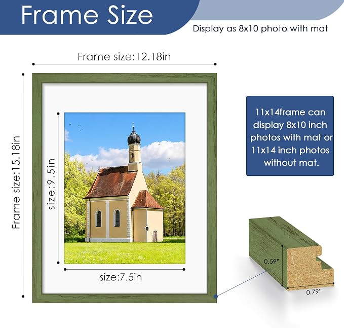 11x14 Picture Frame,Wall or Tabletop Display,Green Woodgrain,6 Pack | Display Pictures 8x10 with Mat or 11x14 Without Mat, Horizontal or Vertical, Gallery Wall Frame Set, Wedding Birthday Gifts