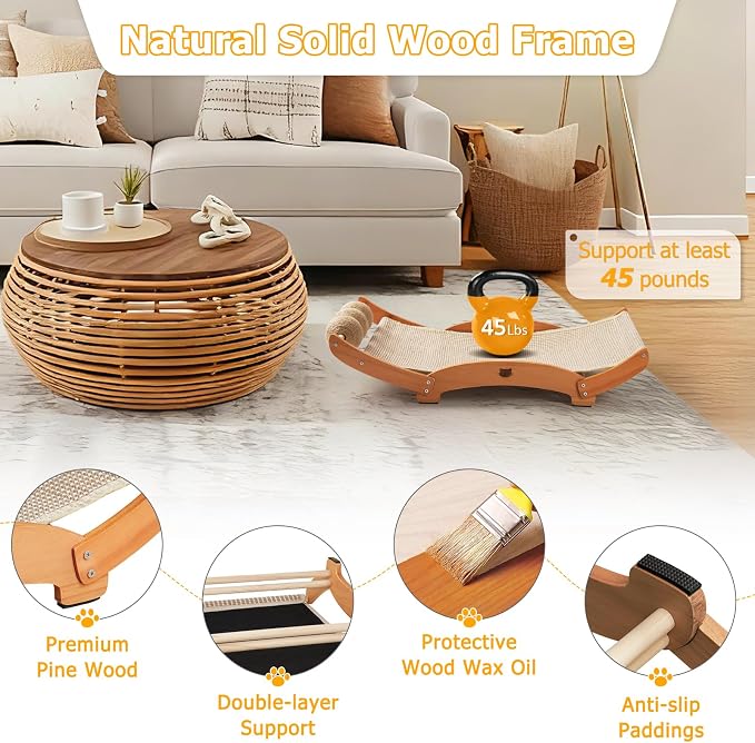 3 in 1 Sisal Cat Scratcher Bed, Solid Pine Cat Scratcher with Balls (Wood) | Extra Large Cat Scratching Post with Hammock, Cat Scratcher for Scratch & Play & Rest, Cat Furniture for Indoor Cats, Kitten