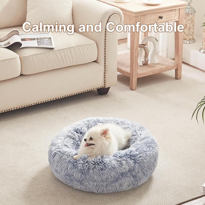 23 inches Faux Fur Fluffy Donut Dog Bed for Small Dogs,Dark Blue | Calming Plush Round Puppy Pet Bed with Removable & Washable Cover,Fits up to 25 lbs Pets