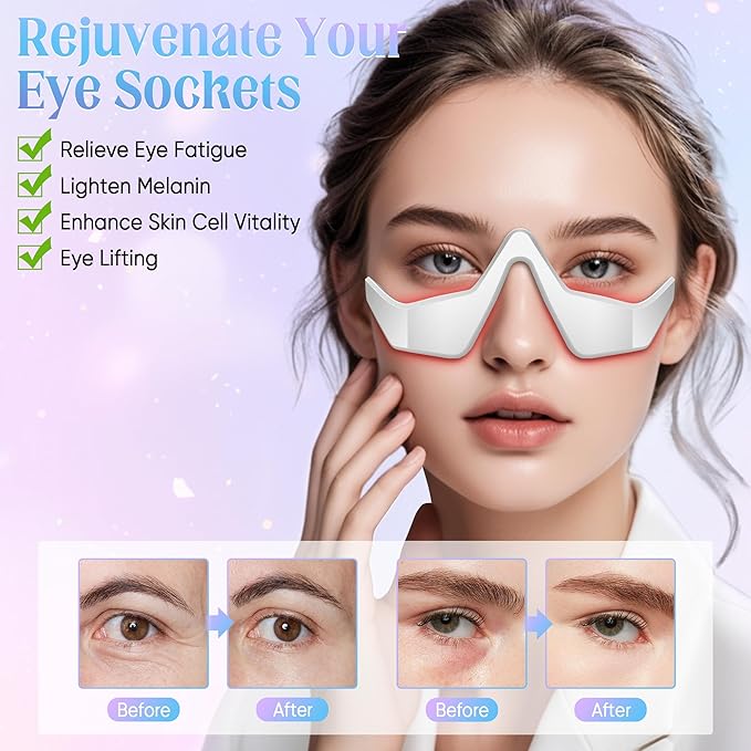 Under-Eye Light Therapy Device, Beauty Device with Eye Massage for Relieve Eye Bags, Eye Fatigue, Dark Circles, with Gel and Glasses Strap (White & 2 modes)