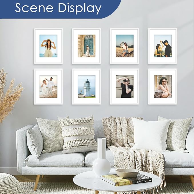 11x14 Picture Frame Set of 6,Wall or Tabletop,White Woodgrain | Display 8x10 with Mat or 11x14 Without Mat, Horizontal or Vertical, Gallery Wall Frame Set for Wedding & Room & Home Decor