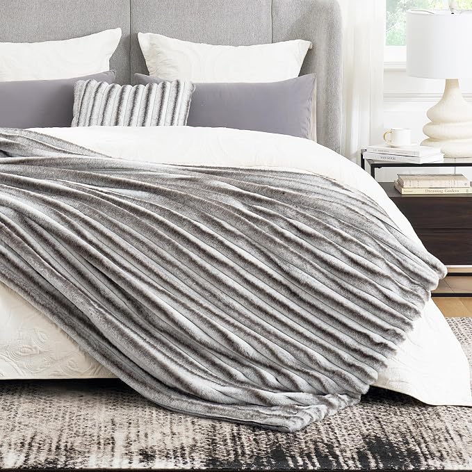 Cozy Bliss Faux Fur Throw Blanket for Couch, Cozy Warm Plush Striped Blanket for Sofa Bedroom Living Room,50 * 60 Inches Grey