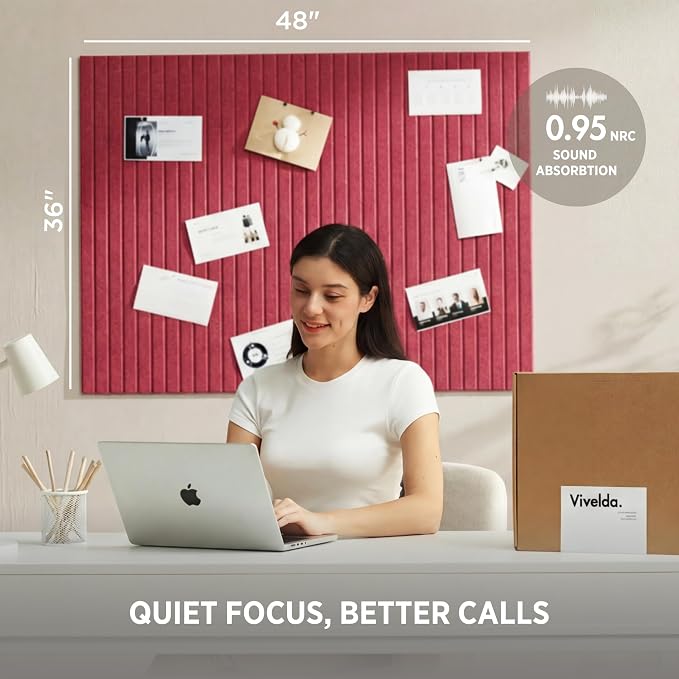Felt Bulletin Board Tiles 48"x36" - 12-Pack Cork Board Alternative, Oeko-TEX Certified, NRC 0.95 Acoustic Wall Panels, Damage-Free Adhesive, Slatted Design, Home Office & Classroom (Burgundy)