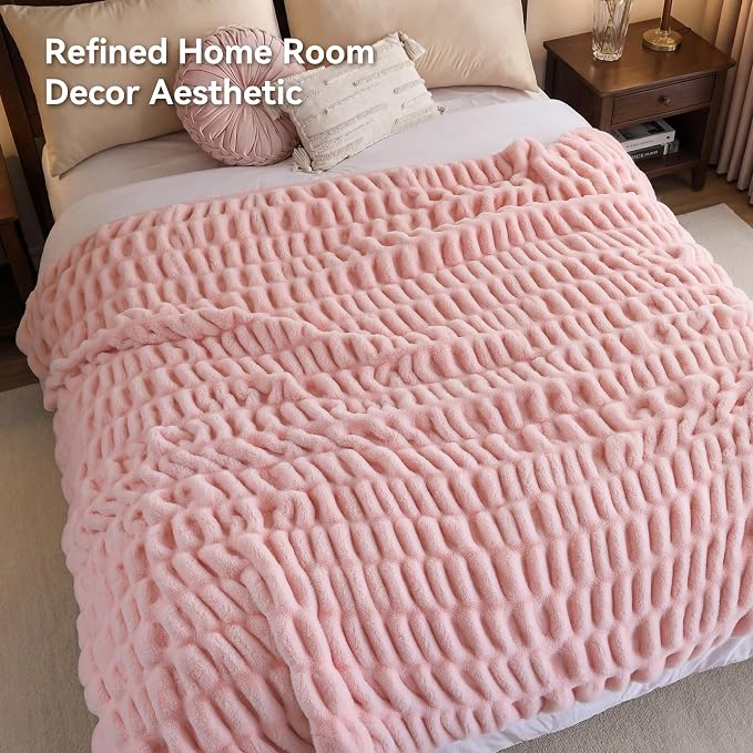 Blush Pink Fluffy Blanket for Couch - Luxury Faux Rabbit Fur 50"x60" | Ultra Soft & Plush Comfort Ruched Blanket, Cozy Fuzzy Fleece Throw for Sofa, Bed & Office, Gift for Women, Pink Room Decor