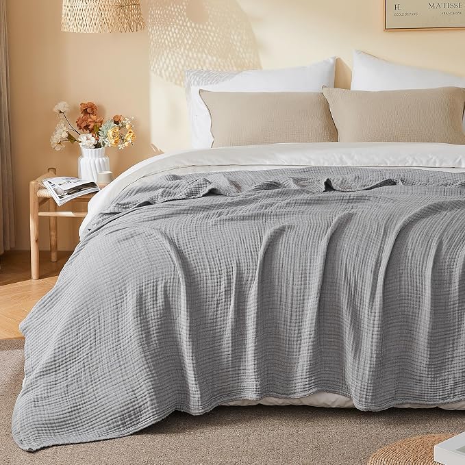 EMME Cotton Muslin Twin XL Blanket Breathable Gauze Soft Lightweight Blankets Adults Gifts for Women (Heather Grey, 66"x90")