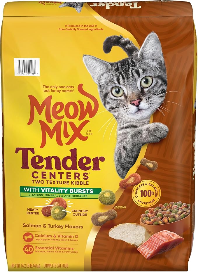 Meow Mix Tender Centers Vitality Bursts, Salmon & Turkey Flavor, Dry Cat Food, 14.2 lb. Bag | Dry cat food with two texture kibble, meaty center surrounded by a crunchy outer layer.