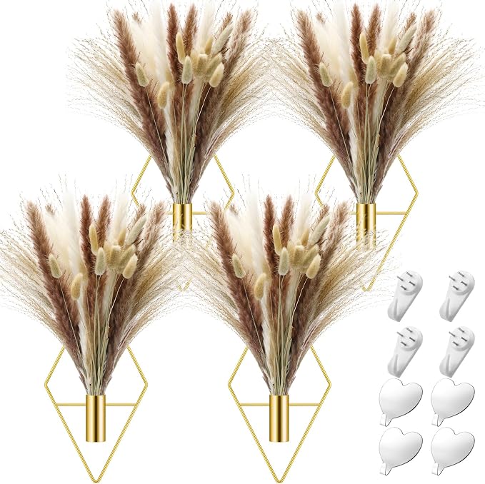Hanaive 4 Sets Boho Wall Decor Metal Wall Art Hanging Planters with Artificial Pampas Display Modern Home Vase for Bedroom Home Office(Mixed,White，Brown)
