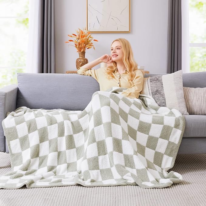 Soft King Size Checkered Blanket for Bed-Cozy Knitted Blankets | Lightweight Fluffy Warm Decor for Women, Mom, Her & Girls, Sofa, Chair, Couch, 90x108in, Sage Green